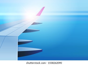 airplane window view into open space sky with wing travel tourism air transportation concept horizontal flat vector illustration