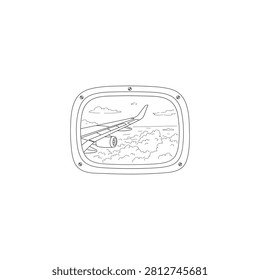 Airplane window view looking out at the aircraft wing and clouds. Hand-drawn vector sketch, line art illustration.