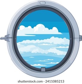 Airplane window view showing clouds and blue sky. Cartoon style porthole with serene sky scene. Travel and aviation concept vector illustration.