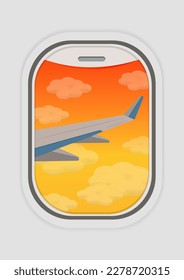 Airplane window view vector illustration. Plane wing view