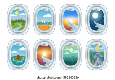 Airplane Window View Vector Illustration.