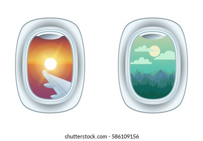 Airplane window view vector illustration.