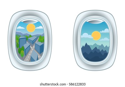Airplane window view vector illustration.