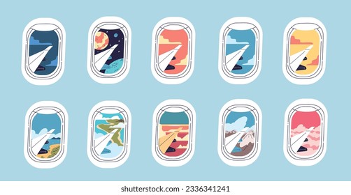 Airplane window views. View from aircraft porthole, bali landscape sunset beach mountain or planet creative scene in plane windows for travelers holiday, vector illustration of porthole window view