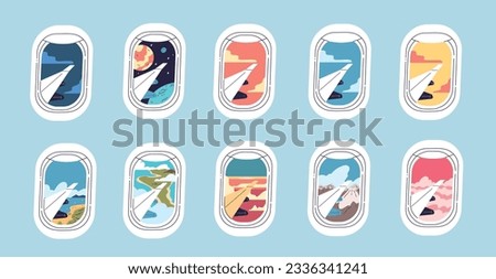 Airplane window views. View from aircraft porthole, bali landscape sunset beach mountain or planet creative scene in plane windows for travelers holiday, vector illustration of porthole window view