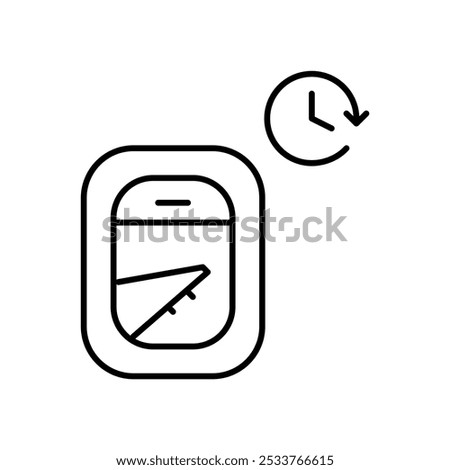 Airplane window with wing view and clock. Journey duration. Flight schedule. Pixel perfect, editable stroke icon