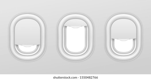 Airplane windows. Aircraft interior with transparent portholes. Realistic airplanes illuminators vector isolated set