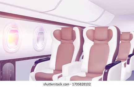 Airplane windows banner. Aircraft interior travel poster, summertime sky in plane porthole, passenger transport. Vector travelling illustration background about business class