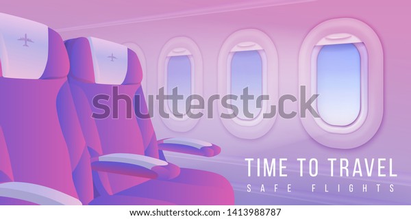 機内の窓のバナー 航空機の内部旅行ポスター 夏の空 飛行機のポートホール 乗客の輸送 ビジネスクラスに関するベクター画像の旅行イラスト背景 のベクター画像素材 ロイヤリティフリー