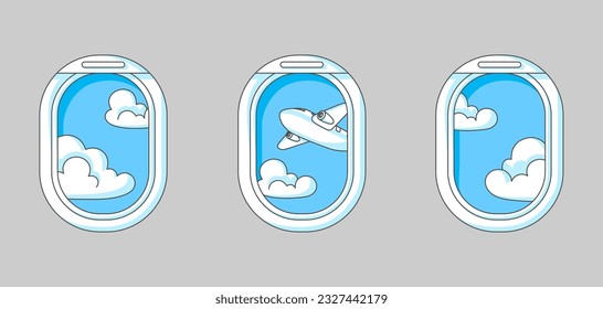 Airplane windows with clouds. Travel illustration and tourism background.