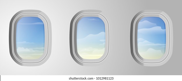 Airplane Windows With Cloudy Blue Sky Outside. View From Airplane. Sky With Clouds In Aircraft Window. Vector Illustration