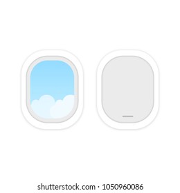 Airplane Windows With Cloudy Blue Sky Outside. Travel Or Tourism Concept