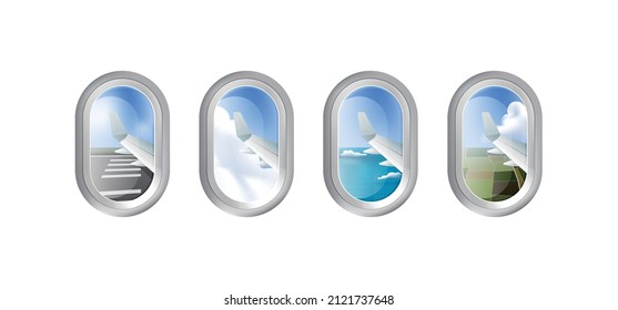 Airplane windows with different outside view, runway, sky, ocean and ground, vector illustration