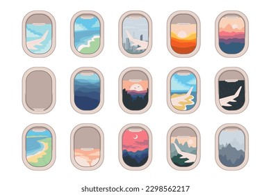 Flachbild-Set für Flugzeugfenster Landschaft vom Flugzeug aus. Landschaft, Jahreszeit, Stadtbild, Sonnenuntergang und Sonnenaufgang. Ausblick aus dem Flugzeug