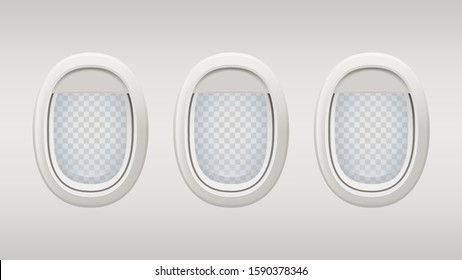Airplane windows. Inside realistic plane windows vector template. Portholes grey background with transparent elements