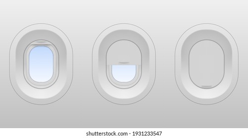 Airplane Windows Oval Shaped In Realistic Style. Plane, Jet Interior Elements Open, Half-closed, Closed With Shade, Blind. Sky Is Visible Behind Glass. Vector Collection Illustration On Grey.