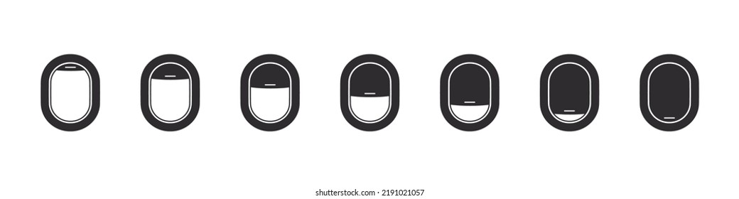 Airplane windows. Set of vector aircraft windows with curtains in different positions. Vector illustration