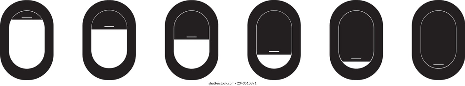 Airplane windows. Set of vector aircraft windows with curtains in different positions. Vector illustration