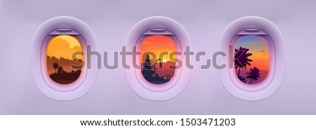 Airplane windows with tropical Bali island landmarks and palm trees colorful views. Editable vector illustration for banners and posters.