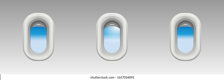 Airplane windows, vector background with plane window blue sky mock up element illustration.