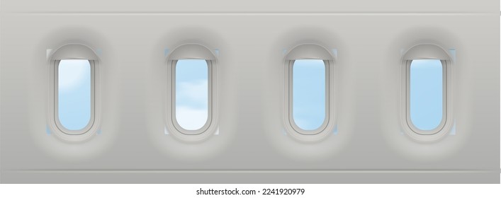 Airplane windows. Vector realistic aircraft portholes with sky, clouds. Plane cabin interior in flight