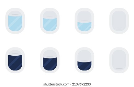 Airplane windows vector set. Airplane windows with open and closed shadows. View day and night.