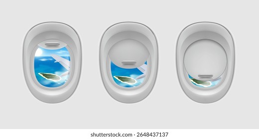 Vista das janelas do avião da asa do avião e da ilha. Portão com vidro aberto para dentro. Buraco da fuselagem do avião de voo. Ilustrações vetoriais realistas de iluminador em diferentes posições