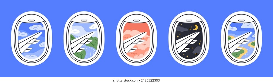 Airplane windows views. Flying aircraft portholes sky and landscape, clouds, hills and ocean plane window view flat vector illustration set. Plane travel skyscapes collection