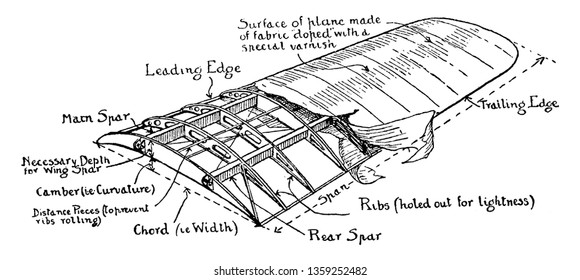 Airplane Wing Diagram where the shape of the wing creates a lift draft ratio to create drift, vintage line drawing or engraving illustration.