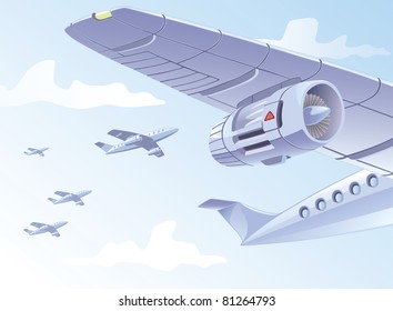 Airplane wing with the jet turbine is in the blue sky. There are other planes far away...