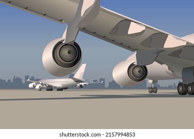 Airplane wing with two turbines, view of another aircraft.Vector.