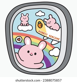 Airplane wing from window.Sky rainbow view on seat side windows plane.Rabbit airline.Cute bunny cartoon character design.Rodent animal.Travel.Kawaii.Vector.Illustration.