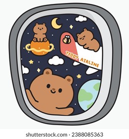 Airplane wing from window.Sky space galaxy view on seat side windows plane.Teddy airline.Cute bear cartoon character design.Wild animal.Travel.Moon,planet,cloud,earth.Kawaii.Vector.Illustration.