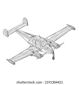 Marco de cables del avión con hélice de líneas negras aisladas sobre fondo blanco. Vista isométrica. 3 D. Ilustración vectorial.