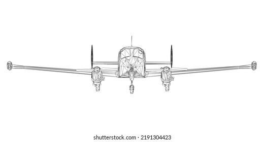 Airplane wireframe with propeller from black lines isolated on white background. Front view. 3D. Vector illustration.