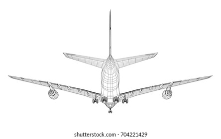 Airplane in wire-frame style. Rear view. EPS 10 vector format. Vector rendering of 3d