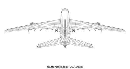 Airplane in wire-frame style. Rear view. EPS 10 vector format. Vector rendering of 3d