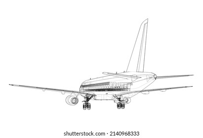 Airplane in wire-frame style. Vector rendering of 3d