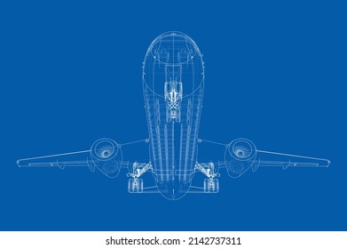 Airplane in wire-frame style. Vector rendering of 3d