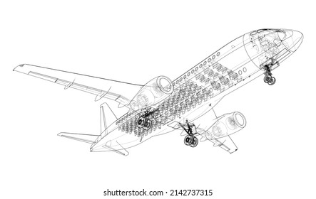 Airplane in wire-frame style. Vector rendering of 3d