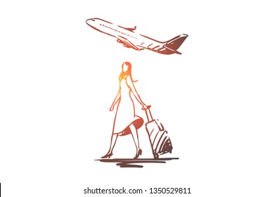 Airplane, woman, tourist, suitcase, flight concept. Hand drawn woman tourist with suitcase, airplane concept sketch. Isolated vector illustration.