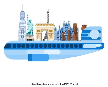 airplane and world attractions tourism europe and america. multicolored flat style
