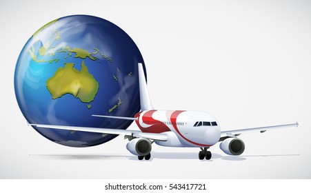 Avión y el mundo en ilustración de fondo blanco