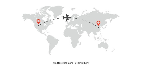 Airplane world transfer, vector illustration. Tourism and travel. The plane flies over the country
