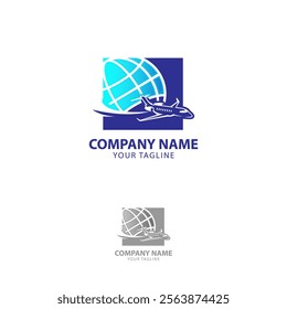 Airplane world travel agency logo. Flight plane trip globe vector.EPS 10