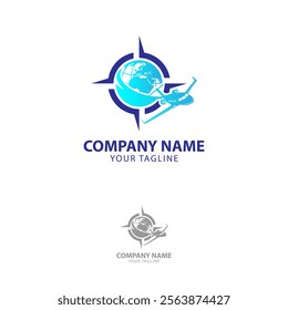 Airplane world travel agency logo. Flight plane trip globe vector.EPS 10