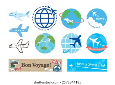 Airplane and world travel icon set