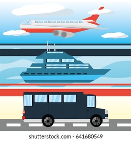 airplane, yacht, and bus transportation set icon flat