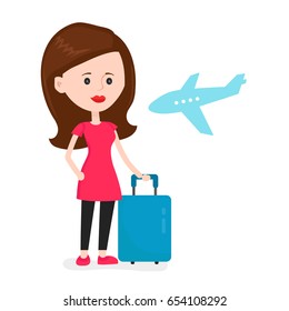 Airplane young happy woman passenger frightened by future flight. Travel around the world concept. Vector modern flat style cartoon character illustration. Isolated on white background. waiting flight