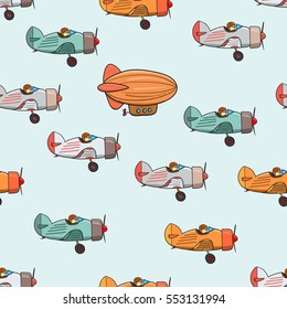 Airplane and zeppelin vintage. Pattern with retro cartoon airplanes and alone zeppelin. Vector doodle illustration
